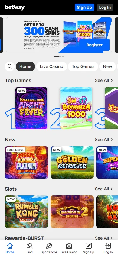 Betway Casino mobile games screen with casino titles and live games