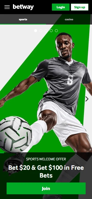 Betway Casino mobile home screen with casino and betting content