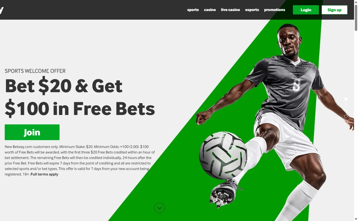 Betway Casino desktop home screen with casino and sports offers