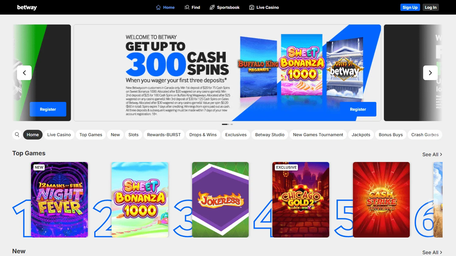 Betway Casino desktop games screen with slots and casino categories